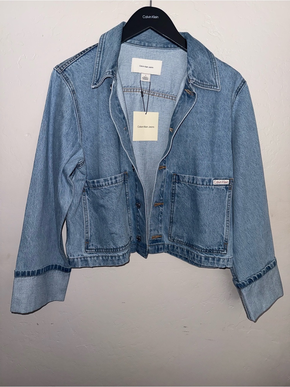 Calvin Klein Light Wash Denim Jean Cropped Oversized Jacket with Patch Pockets